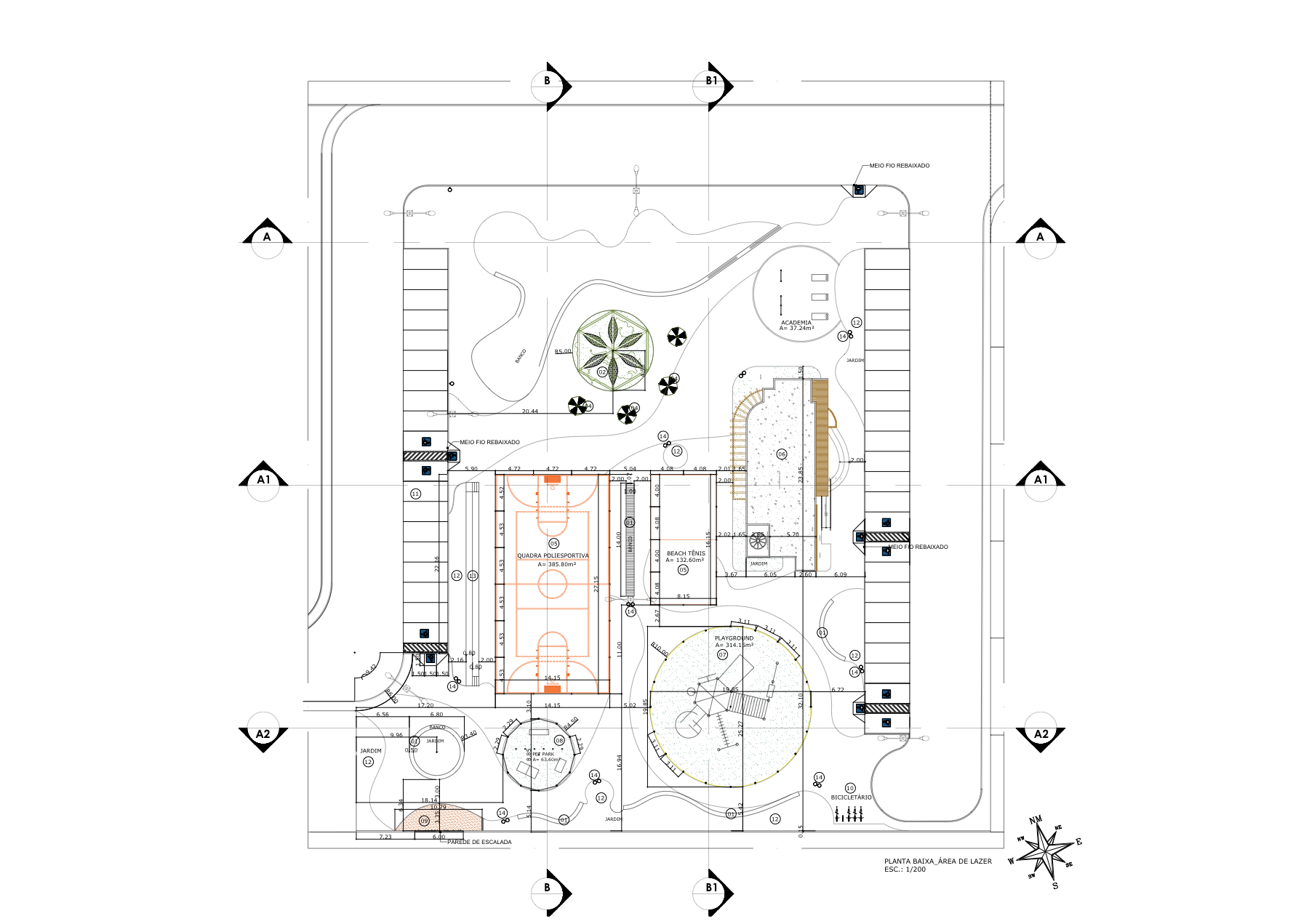 Planta baixa da praça central com equipamentos de lazer